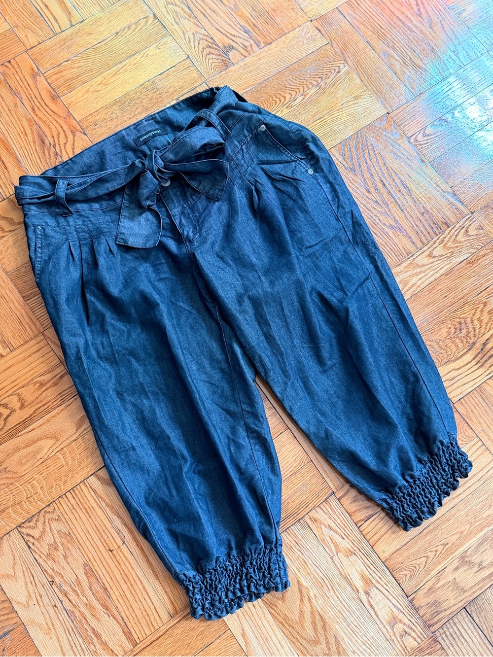 Y2K Vintage Cotton Blend Capri Jeans Ruched Cinched Ankle Tie Bow Belt